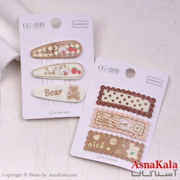 گیره مو تق تقی کارتی مدل خرسی پینترستی رنگ نود مجموعه 3عددی کد HAIR13676W