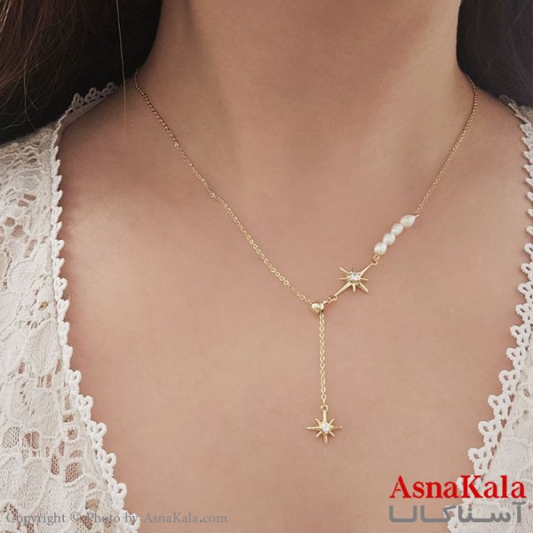گردنبند کره ای زنانه استیل 316 مدل ستاره دنباله دار مرواریدی طلایی کد GNB16793W