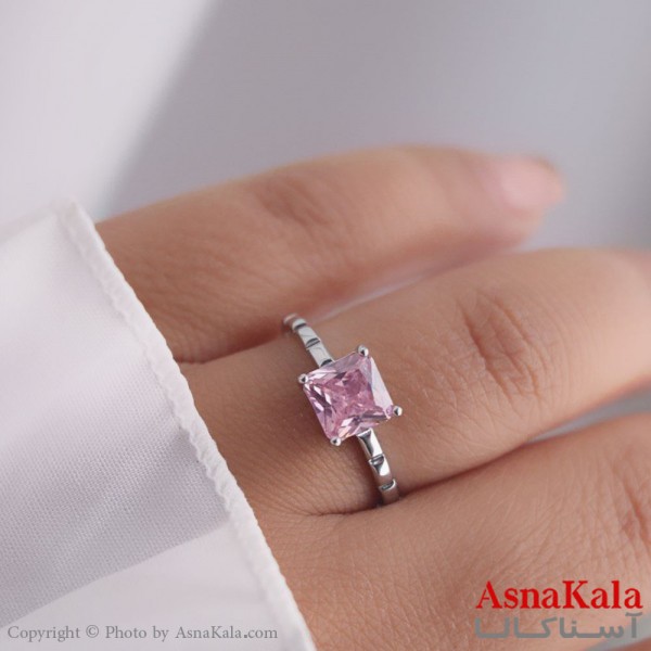 انگشتر زنانه استیل مدل تک نگین رنگی نقره ای آبکاری رادیوم  کد ANG19503W