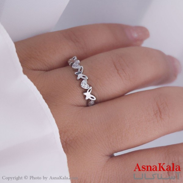 انگشتر زنانه استیل مدل پروانه نگینی نقره ای کد ANG19517W