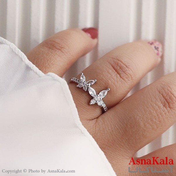 انگشتر زنانه استیل مدل نگین سفید پروانه نقره ای کد ANG19520W