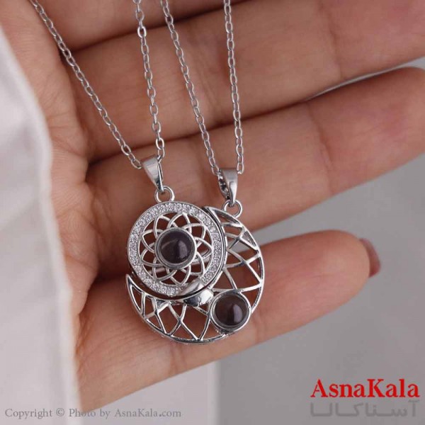 گردنبند ست دو نفره استیل 316 مدل ماه و خورشید نقره ای کد GNB16795W