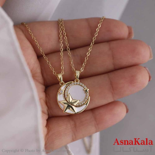 گردنبند ست دو نفره استیل 316 مدل ماه و خورشید آینه ای طلایی کد GNB16802W