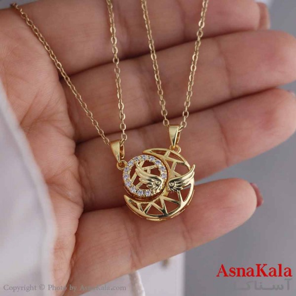 گردنبند ست دو نفره استیل 316 مدل ماه و خورشید طرح فرشته طلایی کد GNB16805W