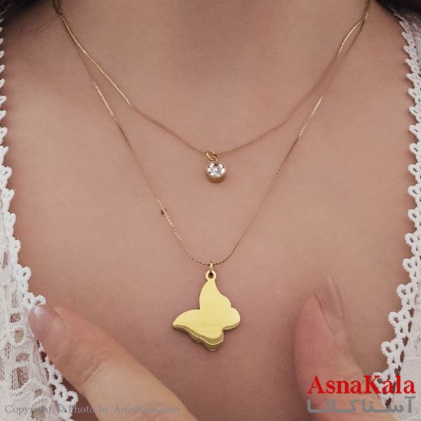 گردنبند پینترستی دخترانه استیل 316 مدل دو لاین پروانه کد GNB16837W