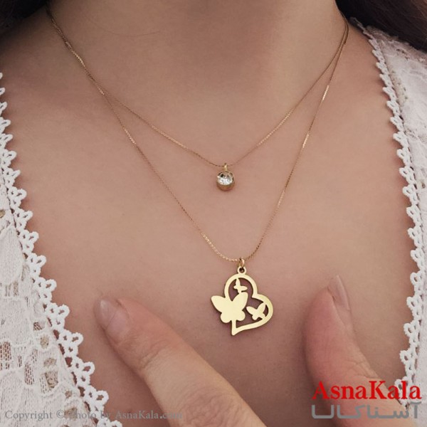 گردنبند پینترستی دخترانه استیل 316 مدل دو لاین قلب پروانه ای کد GNB16838W