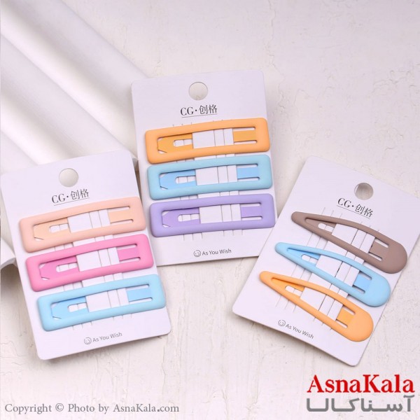 گیره مو تق تقی کارتی مات رنگی بادومی و مستطیلی مجموعه 3 عددی کد HAIR13851W