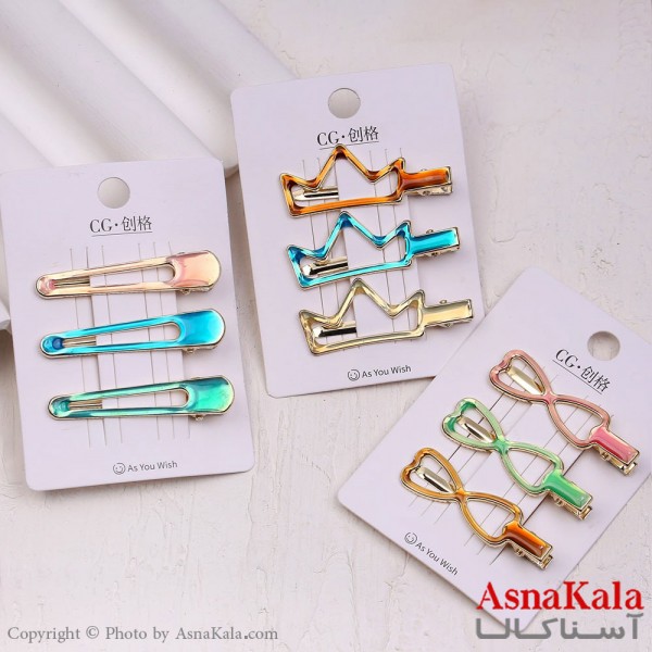 گیره مو انبری کارتی پینترستی آبرنگی مجموعه 3 عددی کد HAIR13866W