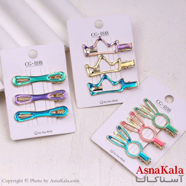 گیره مو انبری کارتی پینترستی آبرنگی ترکیبی مجموعه 3 عددی کد HAIR13868W