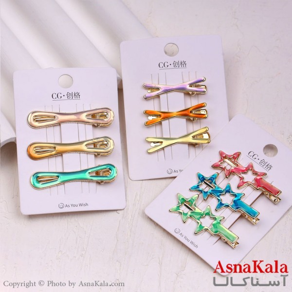 گیره مو انبری کارتی پینترستی آبرنگی ترکیبی مجموعه 3 عددی کد HAIR13871W