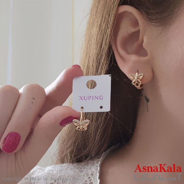 گوشواره حلقه ای دخترانه مینیمال ژوپینگ پروانه نگینی کد GSH15621W