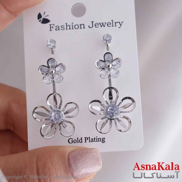 گوشواره آویزی دخترانه مینیمال مدل گل شیشه ای استیل 316 کد GSH15670W