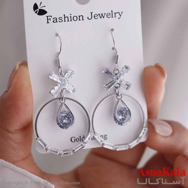 گوشواره آویزی دخترانه مینیمال مدل حلقه  اشک نگینی استیل 316 کد GSH15675W
