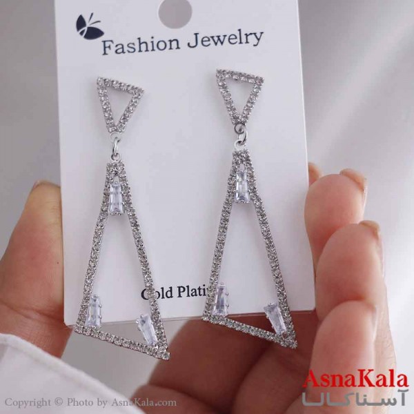 گوشواره آویزی دخترانه مینیمال مدل مثلث فول نگین استیل 316 کد GSH15678W