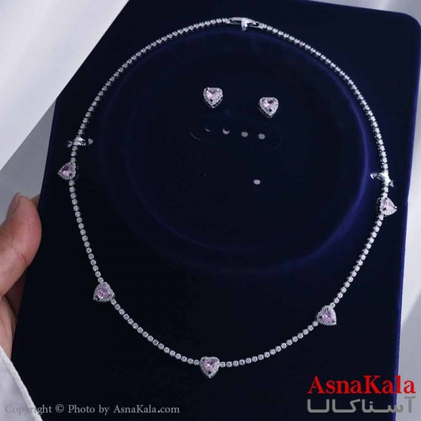 نیم ست زنانه شامل گردنبند و گوشواره  استیل 316 مدل قلب نگین صورتی کد NIM14567W
