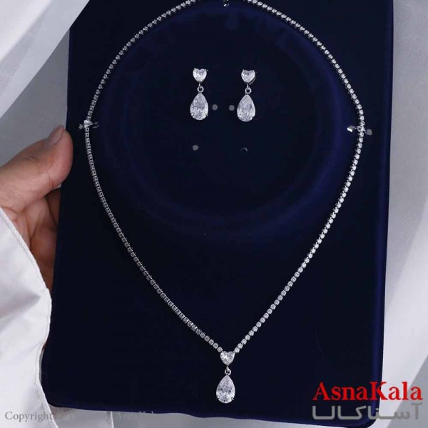 نیم ست زنانه شامل گردنبند و گوشواره  استیل 316 مدل اشک نگینی کد NIM14569W