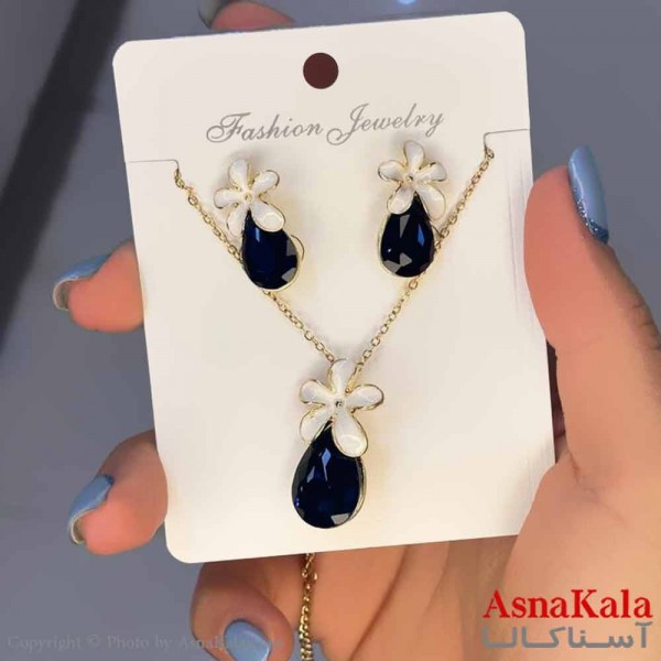 نیم ست زنانه شامل گردنبند و گوشواره  استیل مدل سنگ مشکی  کد NIM14580W