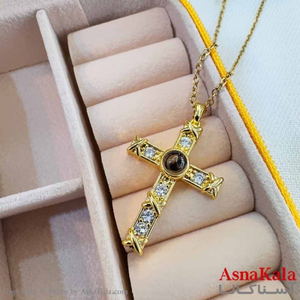 گردنبند تلسکوپی دوستت دارم به صد زبان دنیا طرح صلیب طلایی GNB161005W