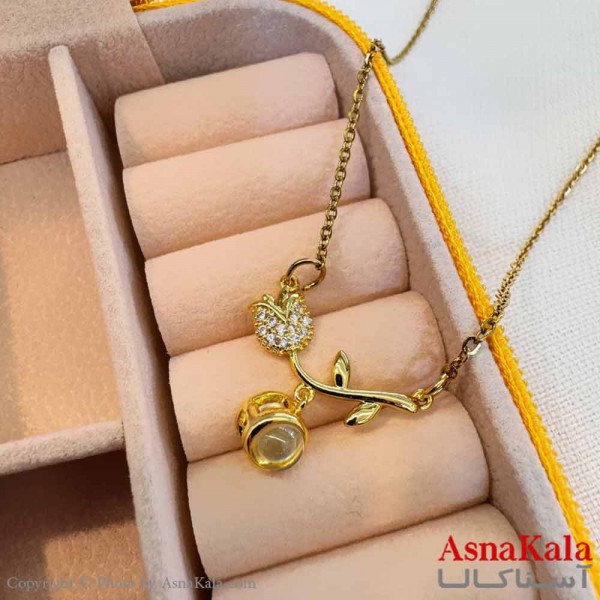 گردنبند تلسکوپی دوستت دارم به صد زبان دنیا طرح گل رز GNB161008W