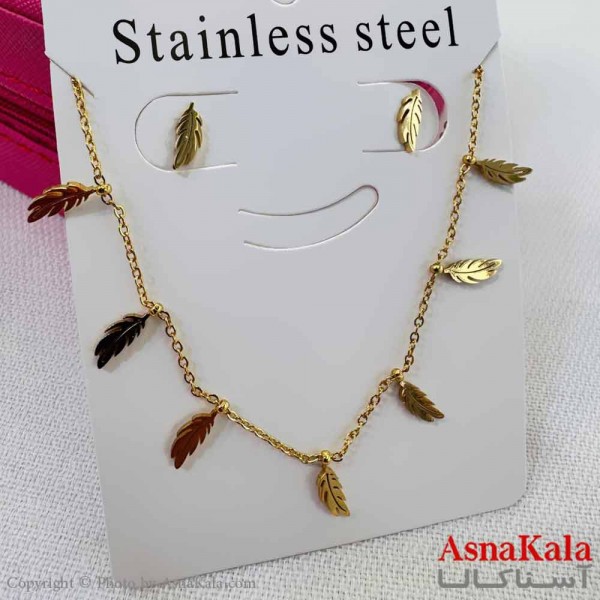 نیم ست زنانه شامل گردنبند و گوشواره  استیل مدل  برگ کد NIM14593W