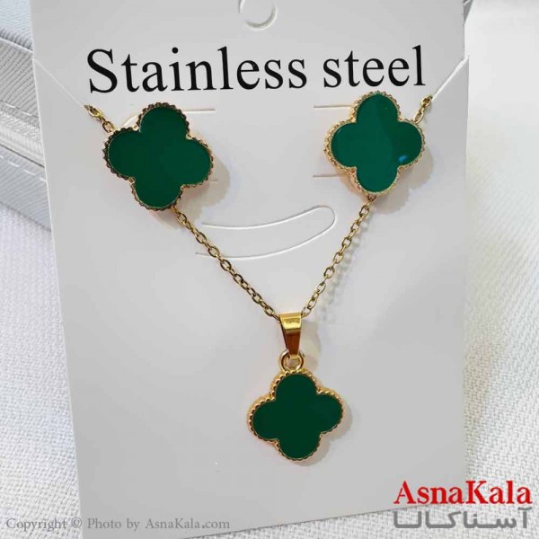 نیم ست زنانه شامل گردنبند و گوشواره  استیل مدل ونکلیف سبز کد NIM14601W