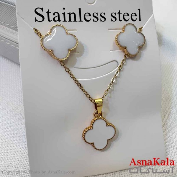 نیم ست زنانه شامل گردنبند و گوشواره  استیل مدل ونکلیف سفید کد NIM14602W