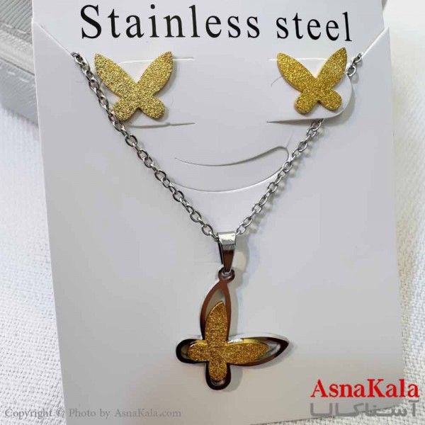 نیم ست زنانه شامل گردنبند و گوشواره  استیل مدل پروانه طلایی کد NIM14610W