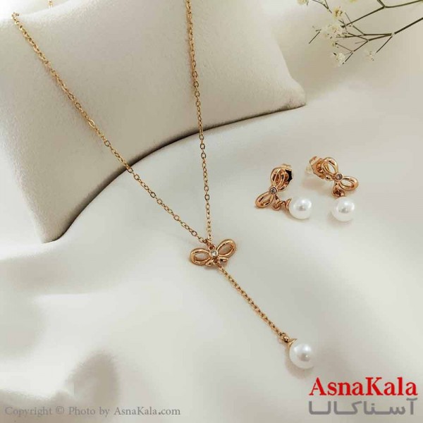 نیم ست زنانه ژوپینگ مدل پاپیونی شامل گوشواره و گردنبند کد NIM14624W