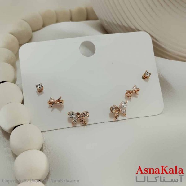 گوشواره زنانه ژوپینگ  پک 3 جفتی مدل پروانه و پاپیون و نگین کد GSH15754W