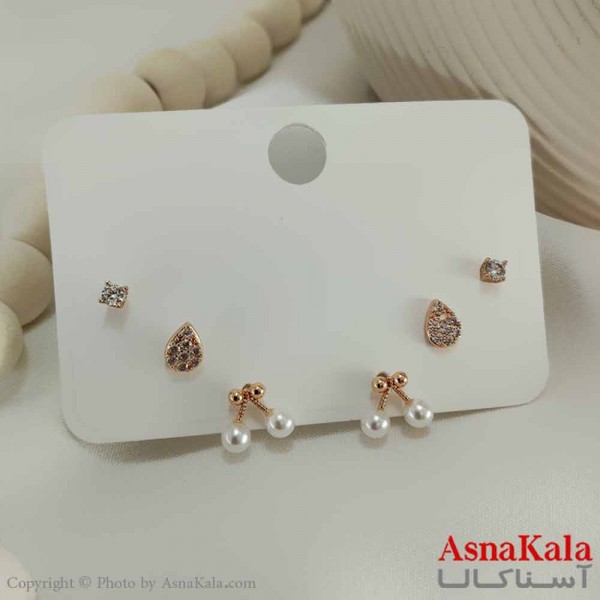 گوشواره زنانه ژوپینگ  پک 3 جفتی مدل گیلاس و اشک و نگین کد GSH15756W