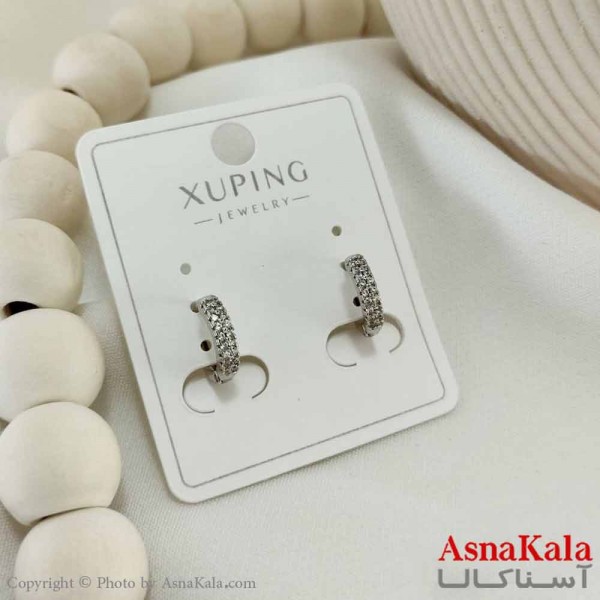 گوشواره حلقه ای زنانه مدل فول نگین نقره ای ژوپینگ کد GSH15799W