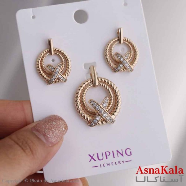 نیم ست زنانه ژوپینگ مدل دایره ای طلایی شامل گوشواره و گردنبند کد NIM14644W