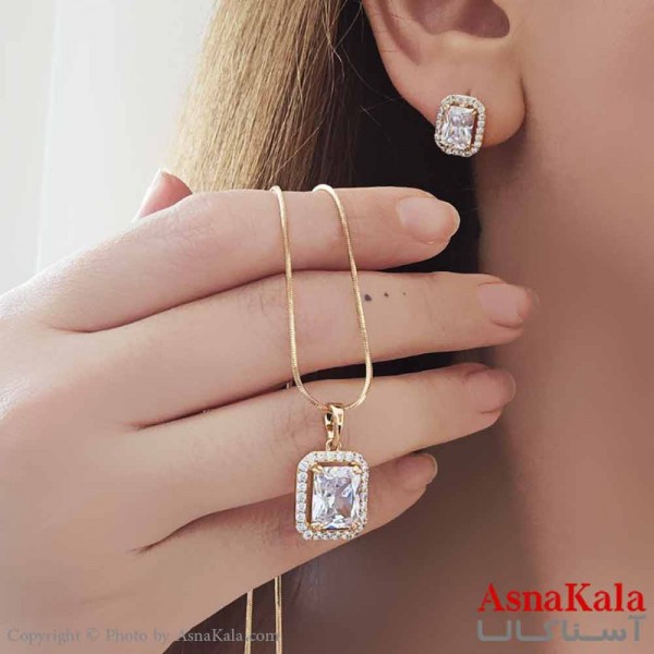 نیم ست زنانه ژوپینگ مدل مربع نگینی شامل گوشواره و گردنبند  کد NIM14650W