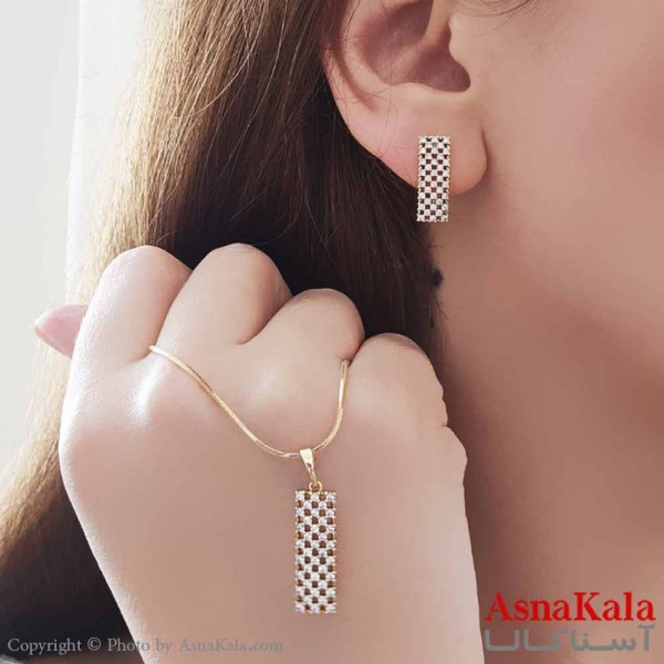 نیم ست زنانه ژوپینگ مدل مستطیل نگینی شامل گوشواره و گردنبند  کد NIM14653W