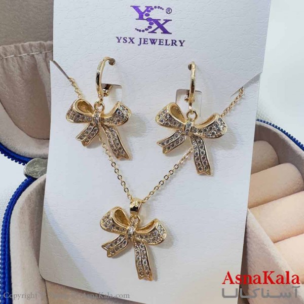 نیم ست زنانه شامل گردنبند و گوشواره YSX مدل پاپیون نگینی کد NIM14682W