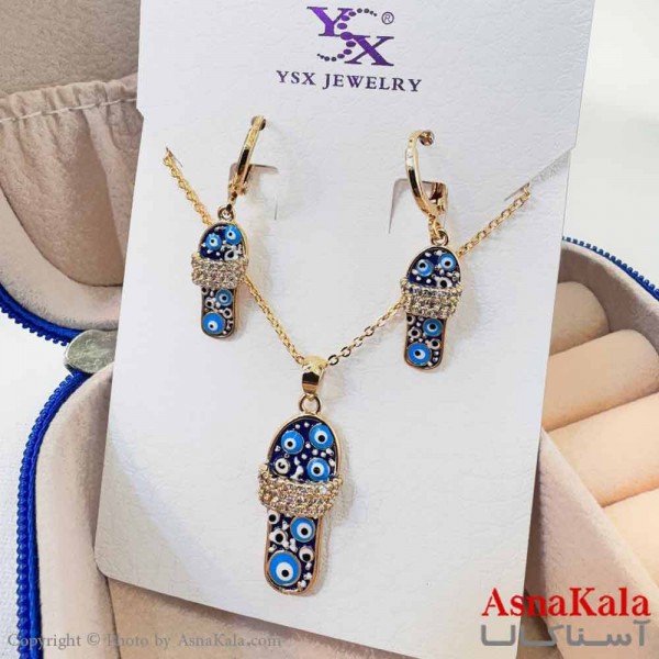 نیم ست زنانه شامل گردنبند و گوشواره YSX مدل دمپایی چشم نظر کد NIM14683W