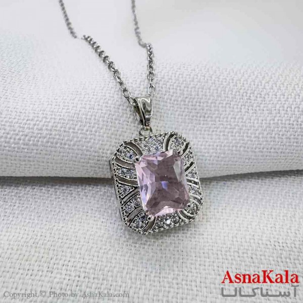 گردنبند استیل دخترانه مدل مربع نگین صورتی کد GNB161206W