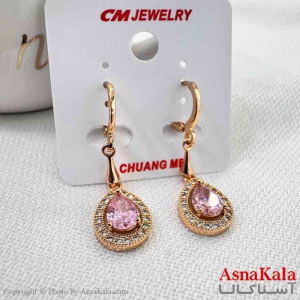 گوشواره آویزی استیل دخترانه مدل نگین صورتی برند cm کد GSH15916W