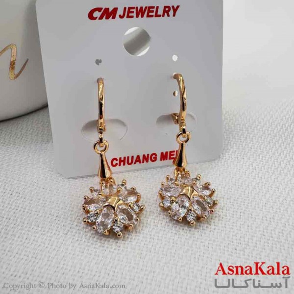 گوشواره آویزی استیل دخترانه مدل گل نگینی برند cm کد GSH15917W