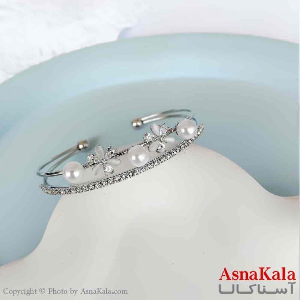 بنگل مینیمال دخترانه استیل 316 مدل دو لاین گل مرواریدی کد DSB18784W