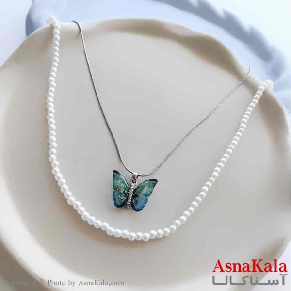 گردنبند زنانه استیل مینیمال مدل دو لاین مروارید و پروانه  کد GNB161278W