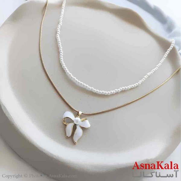 گردنبند زنانه استیل مینیمال مدل دو لاین مروارید و پاپیون  کد GNB161279W