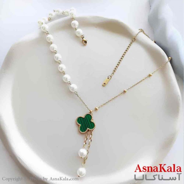 گردنبند زنانه استیل مینیمال مدل مروارید ونکلیف سبز کد GNB161284W
