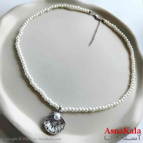 گردنبند زنانه استیل مینیمال مدل مروارید صدف نقره ای  کد GNB161297W