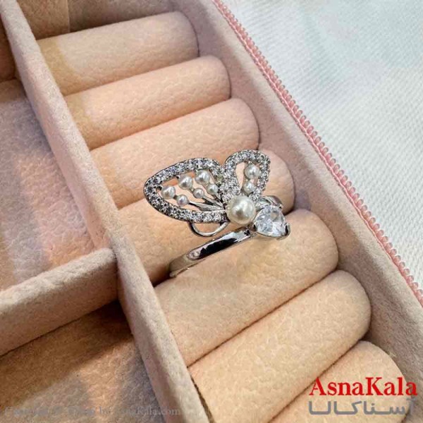 انگشتر زنانه استیل مینیمال مدل پروانه مرواریدی کد ANG19717W
