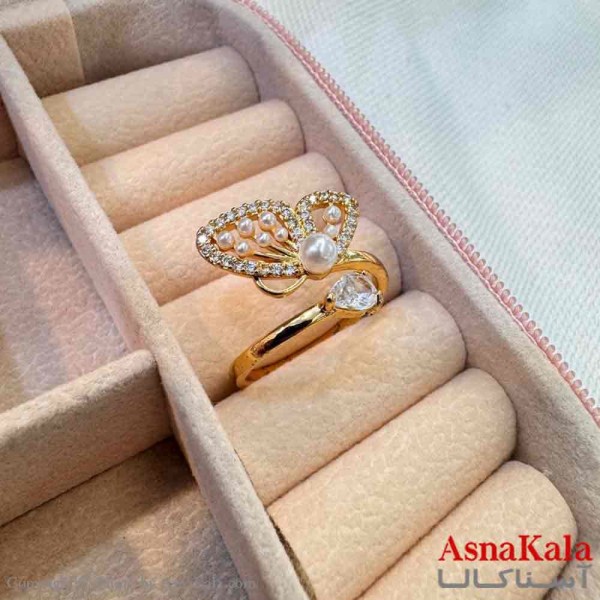 انگشتر زنانه استیل مینیمال مدل پروانه مرواریدی طلایی کد ANG19718W