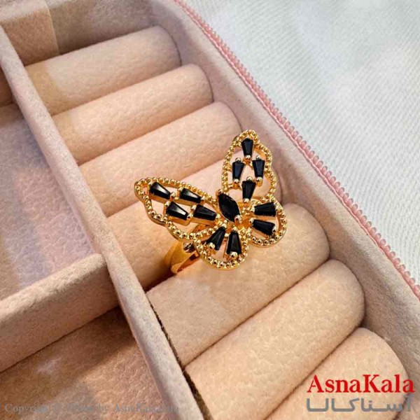 انگشتر زنانه استیل مینیمال مدل پروانه نگین مشکی کد ANG19720W