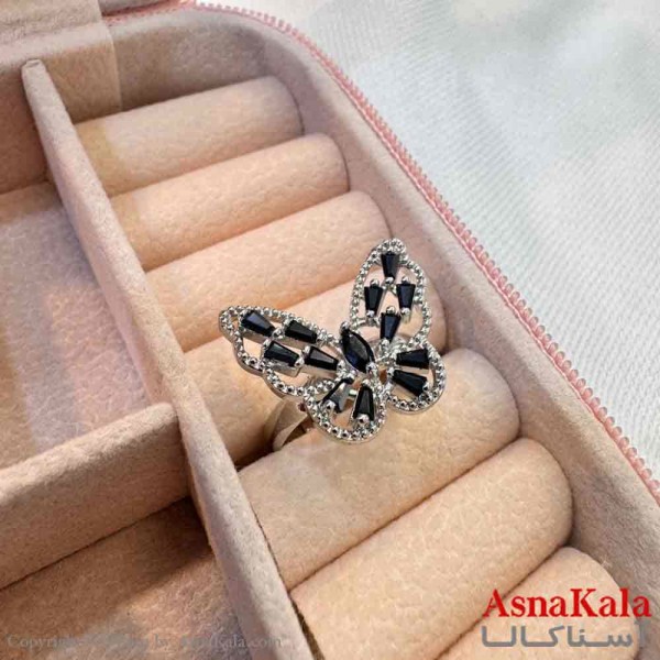 انگشتر زنانه استیل مینیمال مدل پروانه نگین مشکی نقره ای کد ANG19721W