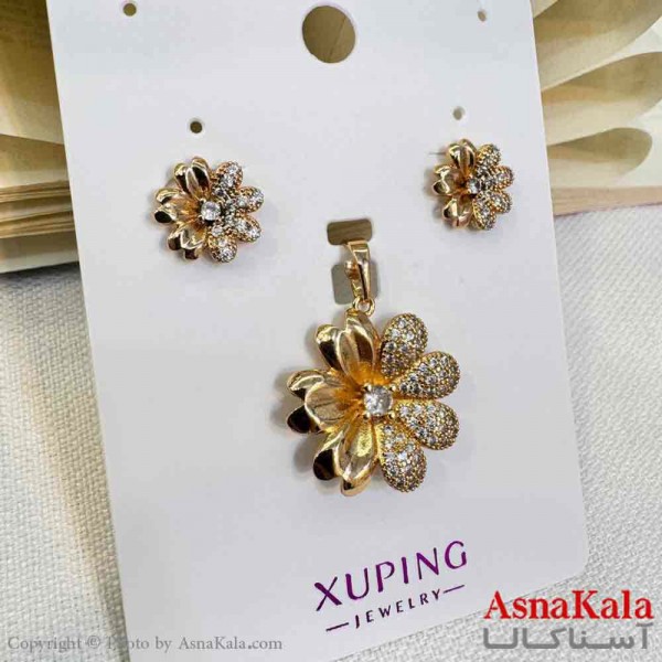 نیم ست زنانه ژوپینگ مدل گل نگینی شامل گوشواره و گردنبند کد NIM14690W