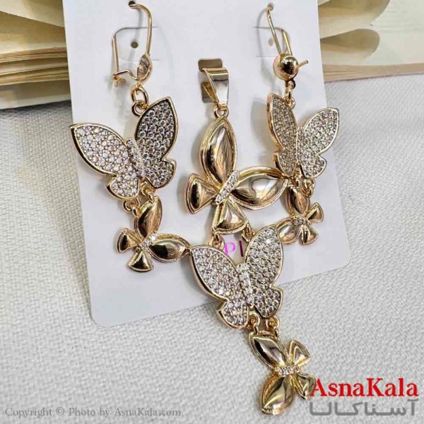 نیم ست زنانه ژوپینگ مدل پروانه نگینی شامل گوشواره و گردنبند کد NIM14702W